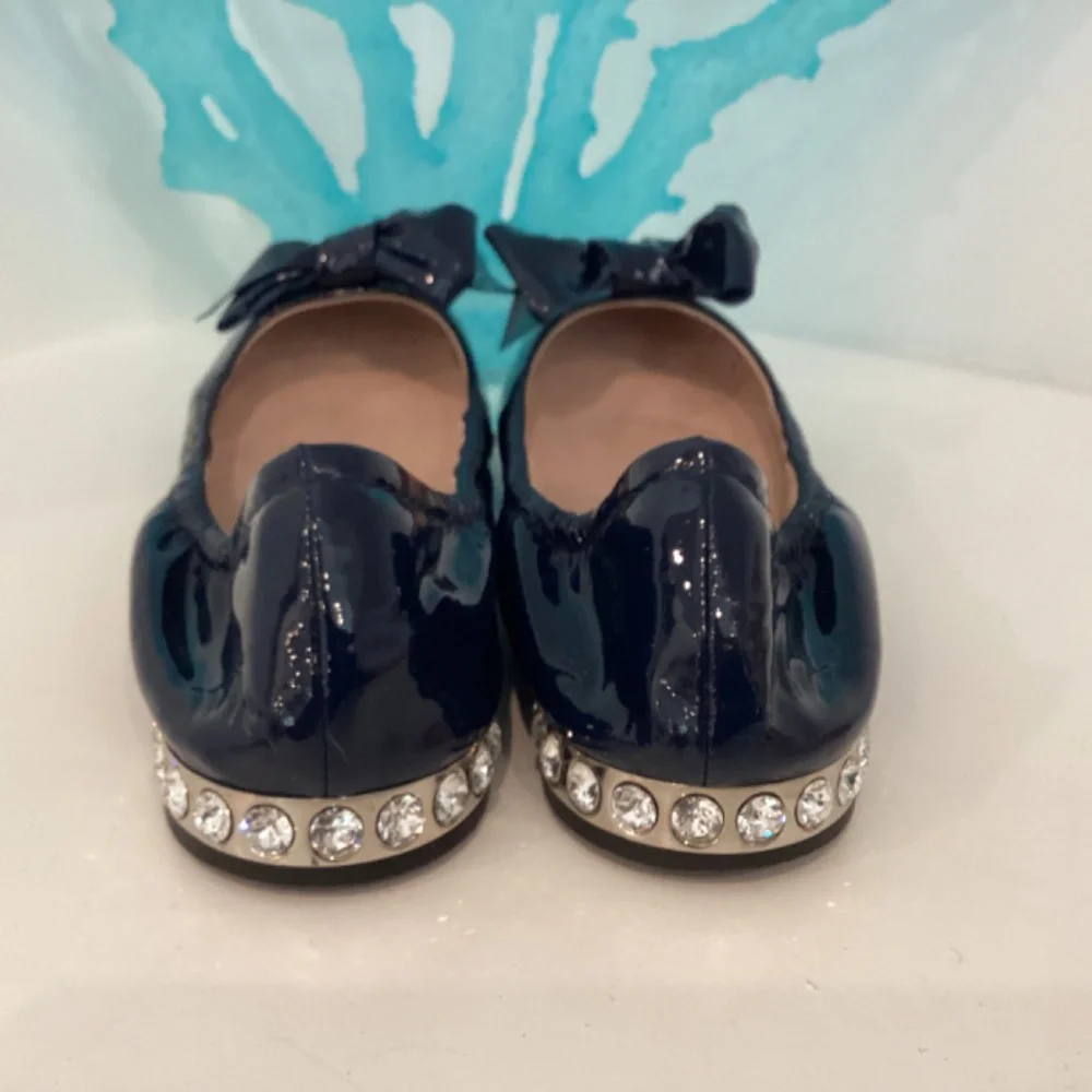 MIU MIU Patent Leather Navy Blue w Bow Flats Embellished Heel 39 9 w box